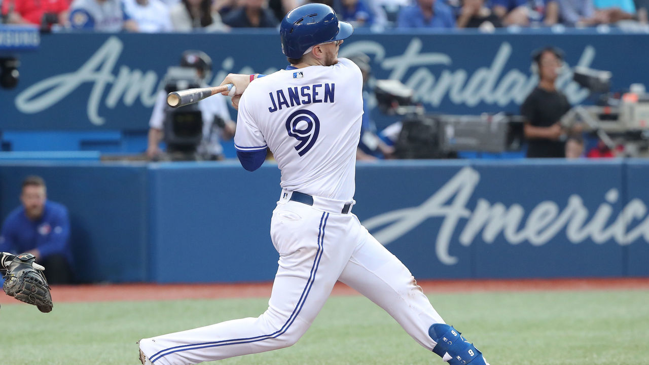 TORONTO, ON - JUNE 19: Danny Jansen #9 of the Toronto Blue Jays bats in the second inning during MLB game action against the Los Angeles Angels of Anaheim at Rogers Centre on June 19, 2019 in Toronto, Canada.