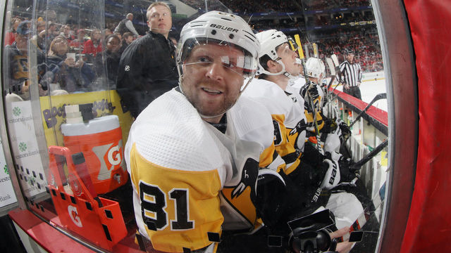 NEWARK, NEW JERSEY - FEBRUARY 19: Phil Kessel #81 of the Pittsburgh Penguins watches from the bench during the first period against the New Jersey Devils at the Prudential Center on February 19, 2019 in Newark, New Jersey.