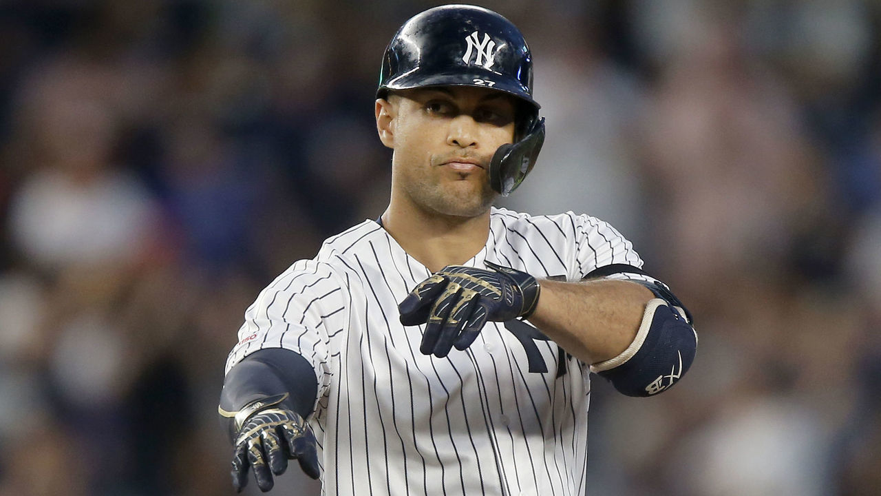 NEW YORK, NEW YORK - JUNE 20: Giancarlo Stanton #27 of the New York Yankees reacts at second base after his fourth inning double against the Houston Astros at Yankee Stadium on June 20, 2019 in New York City.
