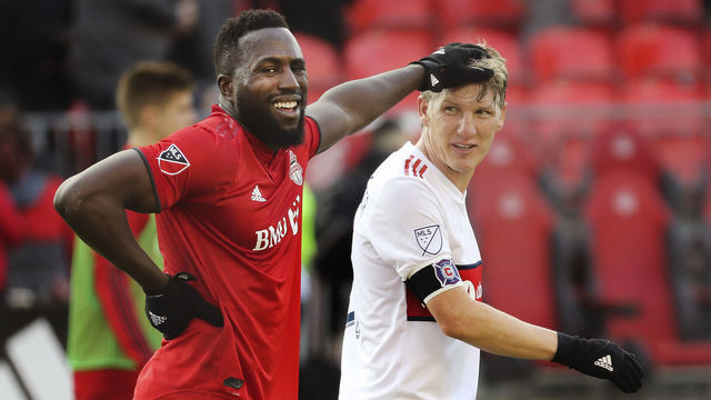 TORONTO, ON - April 6 At the end of the game, Toronto FC forward Jozy Altidore (17) tousles the hair of Chicago Fire midfielder Bastian Schweinsteiger (31) with whom he battled throughout the afternoon. The Toronto Football Club (TFC) ttied the Chicago Fire 2-2 at BMO field in Toronto in MLS action. April 6, 2019 (Richard Lautens/Toronto Star via Getty Images)