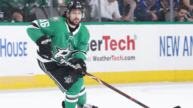 DALLAS, TX - MAY 5: Mats Zuccarello #36 of the Dallas Stars handles the puck against the St. Louis Blues in Game Six of the Western Conference Second Round during the 2019 NHL Stanley Cup Playoffs at the American Airlines Center on May 5, 2019 in Dallas, Texas.