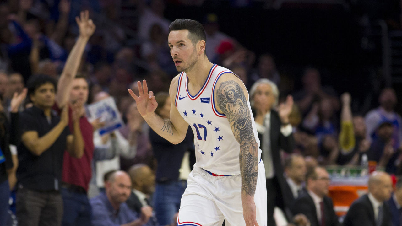 PHILADELPHIA, PA - MAY 09: JJ Redick #17 of the Philadelphia 76ers reacts against the Toronto Raptors in Game Six of the Eastern Conference Semifinals at the Wells Fargo Center on May 9, 2019 in Philadelphia, Pennsylvania. The 76ers defeated the Raptors 112-101.