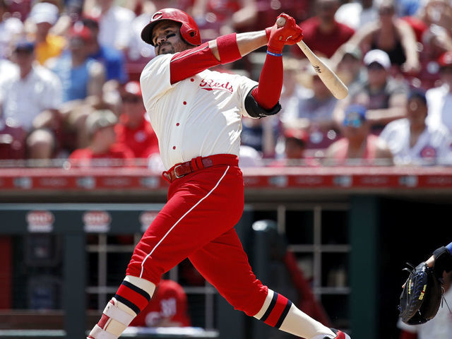 Albert Almora Jr of the Cincinnati Reds battles for a foul ball