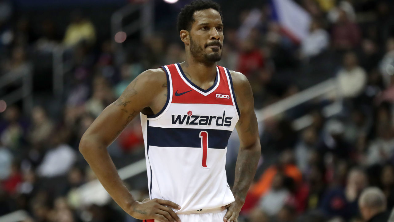 WASHINGTON, DC - MARCH 18: Trevor Ariza #1 of the Washington Wizards looks on against the Utah Jazz on March 18, 2019 at the Capital One Arena in Washington, DC. NOTE TO USER: User expressly acknowledges and agrees that, by downloading and/or using this Photograph, user is consenting to the terms and conditions of the Getty Images License Agreement. Mandatory Copyright Notice: Copyright 2019 NBAE