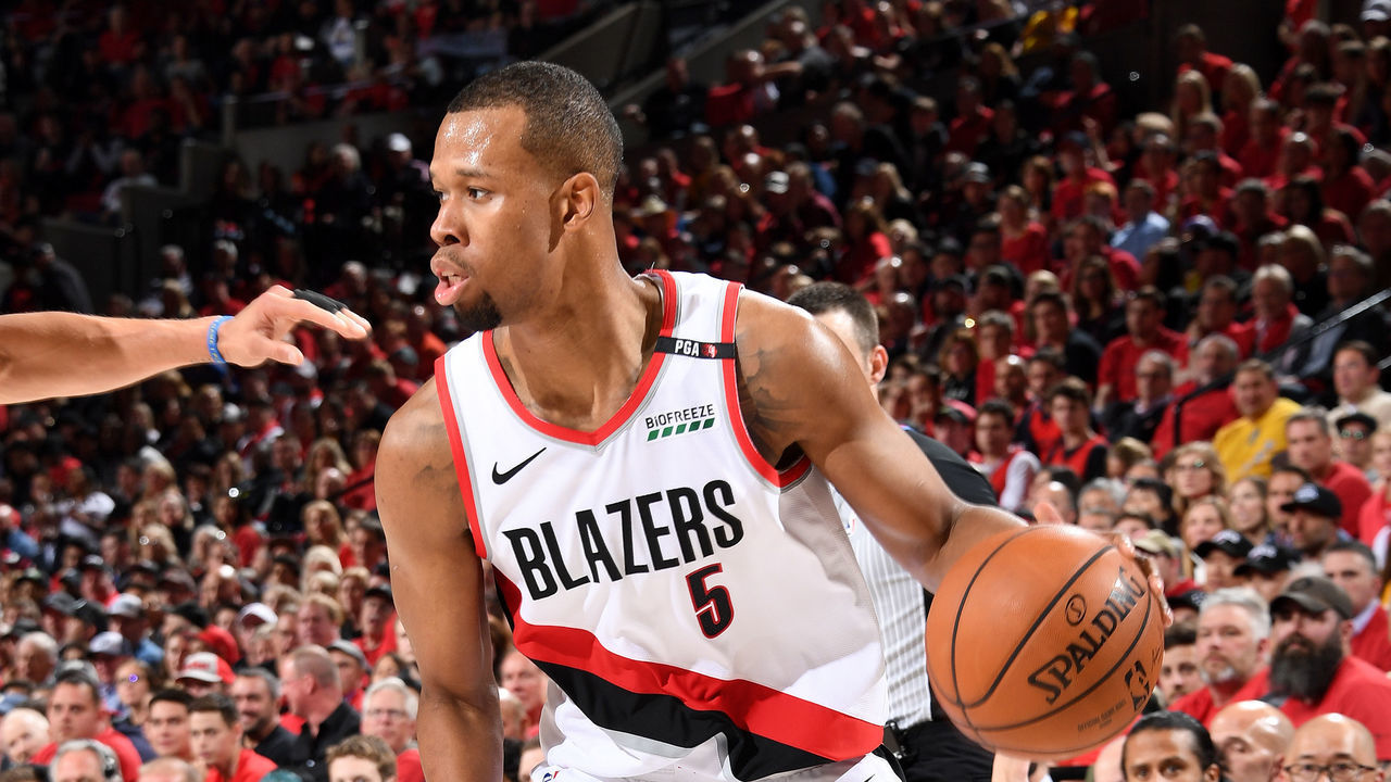 PORTLAND, OR - MAY 20: Rodney Hood #5 of the Portland Trail Blazers handles the ball against the Golden State Warriors during Game Four of the Western Conference Finals on May 20, 2019 at the Moda Center in Portland, Oregon. NOTE TO USER: User expressly acknowledges and agrees that, by downloading and/or using this photograph, user is consenting to the terms and conditions of the Getty Images License Agreement. Mandatory Copyright Notice: Copyright 2019 NBAE