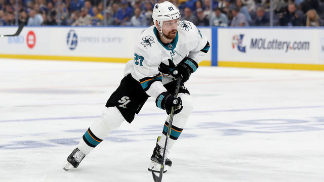 ST LOUIS, MISSOURI - MAY 17: Joonas Donskoi #27 of the San Jose Sharks skates with the puck against the San Jose Sharks during the first period in Game Four of the Western Conference Finals during the 2019 NHL Stanley Cup Playoffs at Enterprise Center on May 17, 2019 in St Louis, Missouri.