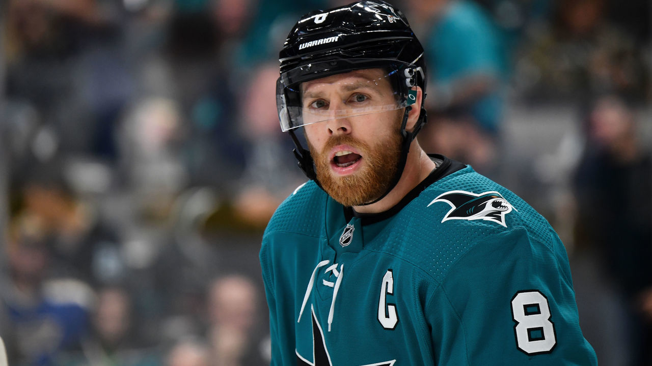 SAN JOSE, CA - MAY 11: Joe Pavelski #8 of the San Jose Sharks skates off after the play against the St. Louis Blues in Game One of the Western Conference Final during the 2019 NHL Stanley Cup Playoffs at SAP Center on May 11, 2019 in San Jose, California