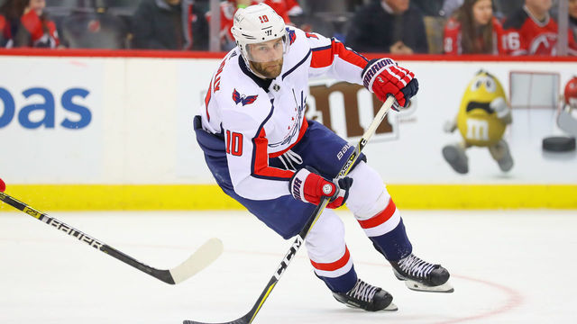 NEWARK, NJ - MARCH 19: Washington Capitals right wing Brett Connolly (10) skates during the third period of the National Hockey League Game between the New Jersey Devils and the Washington Capitals on March 19, 2019 at the Prudential Center in Newark, NJ.