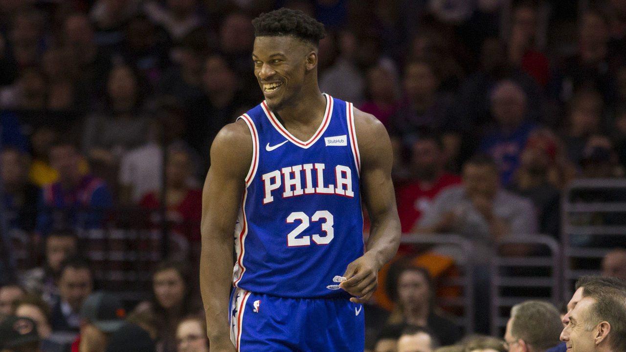 PHILADELPHIA, PA - FEBRUARY 21: Jimmy Butler #23 of the Philadelphia 76ers laughs against the Miami Heat at the Wells Fargo Center on February 21, 2019 in Philadelphia, Pennsylvania. The 76ers defeated the Heat 106-102.