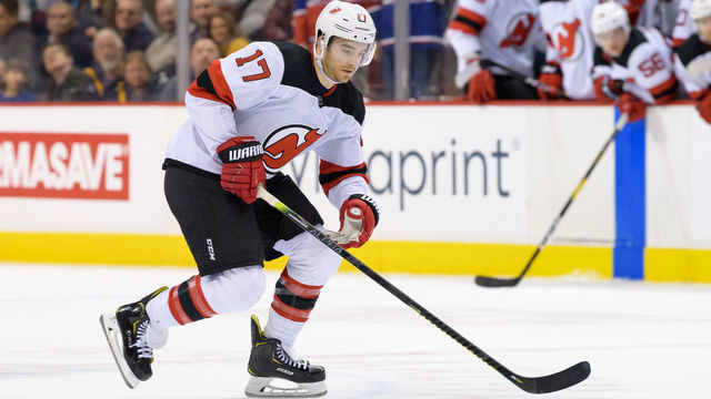 VANCOUVER, BC - MARCH 15: New Jersey Devils Left Wing Kenny Agostino (17) skates with the puck during their NHL game against the Vancouver Canucks at Rogers Arena on March 15, 2019 in Vancouver, British Columbia, Canada. New Jersey won 3-2 in a shootout.