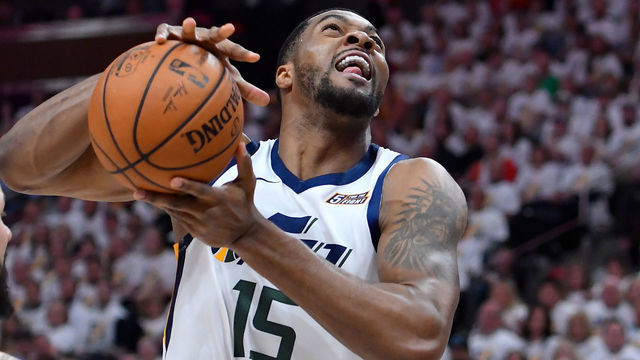 SALT LAKE CITY, UT - APRIL 22: Derrick Favors #15 of the Utah Jazz goes to the basket against the Houston Rockets in Game Four during the first round of the 2019 NBA Western Conference Playoffs at Vivint Smart Home Arena on April 22, 2019 in Salt Lake City, Utah.