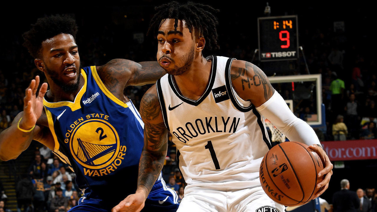 OAKLAND, CA - NOVEMBER 10: D'Angelo Russell #1 of the Brooklyn Nets handles the ball against the Golden State Warriors on November 10, 2018 at ORACLE Arena in Oakland, California. Mandatory Copyright Notice: Copyright 2018 NBAE