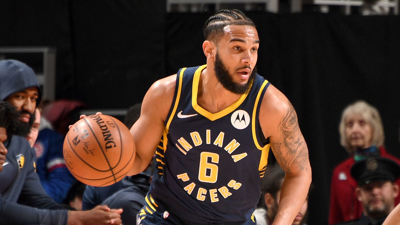 DETROIT, MI - APRIL 3: Cory Joseph #6 of the Indiana Pacers handles the ball during the game against the Detroit Pistons on April 3, 2019 at Little Caesars Arena in Detroit, Michigan. NOTE TO USER: User expressly acknowledges and agrees that, by downloading and/or using this photograph, User is consenting to the terms and conditions of the Getty Images License Agreement. Mandatory Copyright Notice: Copyright 2019 NBAE