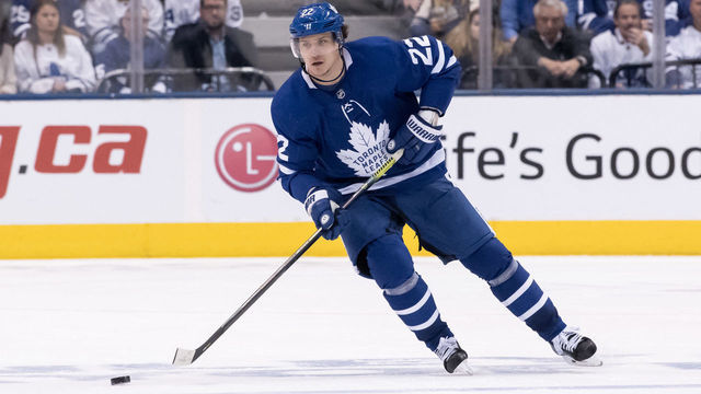 TORONTO, ON - APRIL 21: Toronto Maple Leafs Defenceman Nikita Zaitsev (22) skates with the puck during Game 6 of the First Round Stanley Cup Playoffs series between the Boston Bruins and the Toronto Maple Leafs on April 21, 2019, at Scotiabank Arena in Toronto, ON.