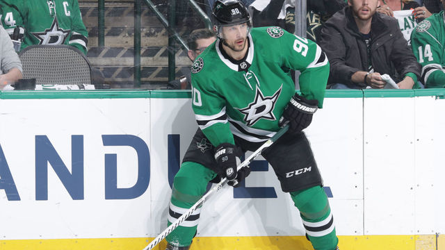 DALLAS, TX - MAY 1: Jason Spezza #90 of the Dallas Stars handles the puck against the St. Louis Blues in Game Four of the Western Conference Second Round during the 2019 NHL Stanley Cup Playoffs at the American Airlines Center on May 1, 2019 in Dallas, Texas.