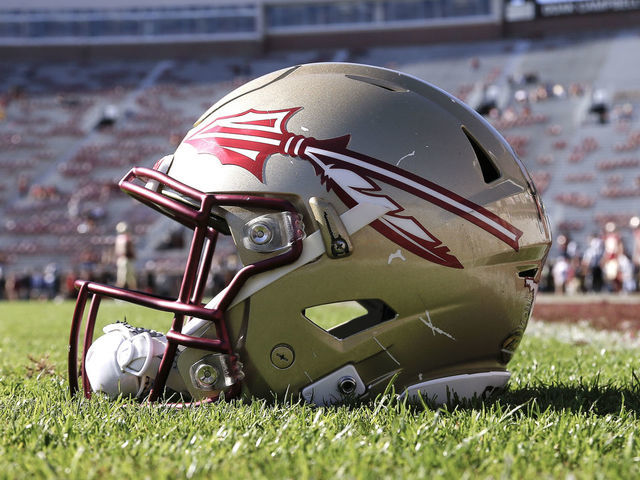 TALLAHASSEE, FL - DECEMBER 2: A general view of a Florida State Seminoles Helmet on the field before the game against the Louisiana Monroe Warhawks at Doak Campbell Stadium on Bobby Bowden Field on December 2, 2017 in Tallahassee, Florida. Florida State defeated Louisiana Monroe 42 to 10.