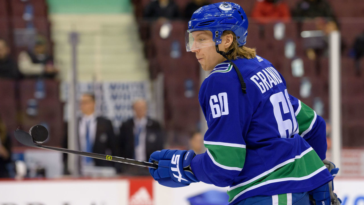 VANCOUVER, BC - JANUARY 23: Vancouver Canucks Center Markus Granlund (60) wars up prior to their NHL game against the Carolina Hurricanes at Rogers Arena on January 23, 2019 in Vancouver, British Columbia, Canada. Carolina won 5-2.