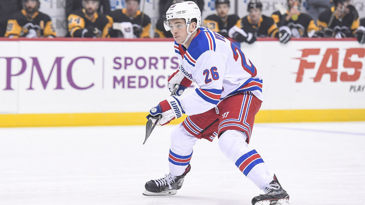 PITTSBURGH, PA - APRIL 06: New York Rangers Left Wing Jimmy Vesey (26) skates during the first period in the NHL game between the Pittsburgh Penguins and the New York Rangers on April 6, 2019, at PPG Paints Arena in Pittsburgh, PA.