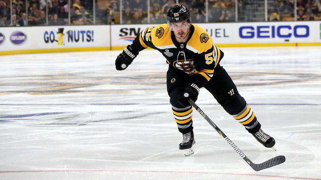 BOSTON, MASSACHUSETTS - MAY 29: Noel Acciari #55 of the Boston Bruins in action against the St. Louis Blues in Game Two of the 2019 NHL Stanley Cup Final at TD Garden on May 29, 2019 in Boston, Massachusetts.