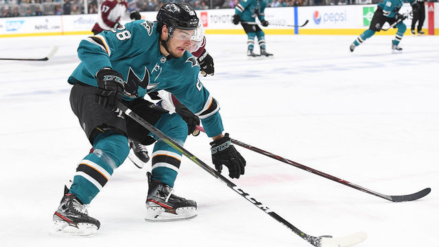 SAN JOSE, CA - MAY 08: Timo Meier #28 of the San Jose Sharks skates with control of the puck against the Colorado Avalanche during the second period in Game Seven of the Western Conference Second Round during the 2019 NHL Stanley Cup Playoffs at SAP Center on May 8, 2019 in San Jose, California.