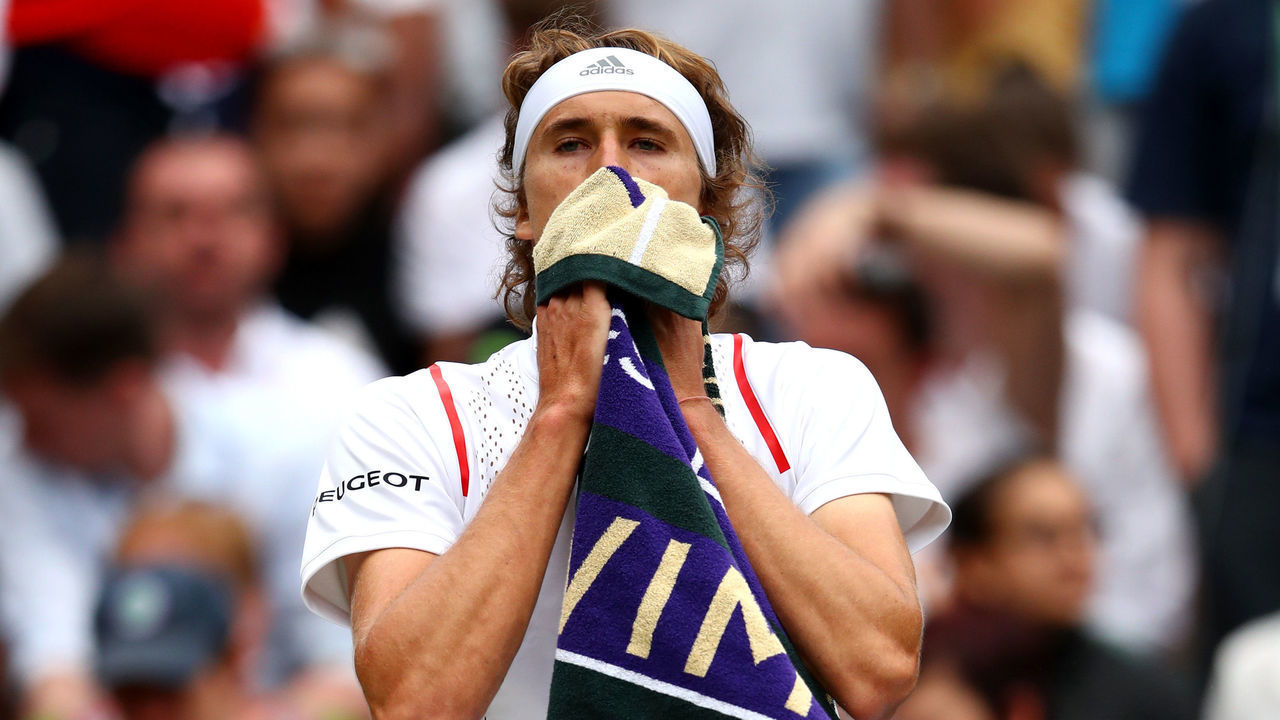 LONDON, ENGLAND - JULY 01: Alexander Zverev of Germany reacts as he sits down between games in his Men's Singles first round match against Jiri Vesely of Czech Republic during Day one of The Championships - Wimbledon 2019 at All England Lawn Tennis and Croquet Club on July 01, 2019 in London, England.