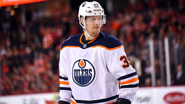 CALGARY, AB - APRIL 06: Edmonton Oilers Right Wing Alex Chiasson (39) looks on during the second period of an NHL game where the Calgary Flames hosted the Edmonton Oilers on April 6, 2019, at the Scotiabank Saddledome in Calgary, AB.