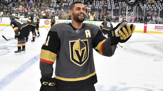 LAS VEGAS, NV - APRIL 21: Pierre-Edouard Bellemare #41 of the Vegas Golden Knights warms up prior to Game Six of the Western Conference First Round against the San Jose Sharks during the 2019 NHL Stanley Cup Playoffs at T-Mobile Arena on April 21, 2019 in Las Vegas, Nevada.