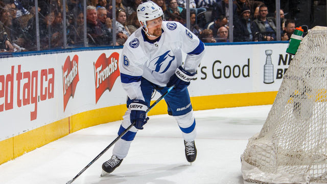 TORONTO, ON - APRIL 4: Anton Stralman #6 of the Tampa Bay Lightning skates with the puck against the Toronto Maple Leafs during the second period at the Scotiabank Arena on April 4, 2019 in Toronto, Ontario, Canada.