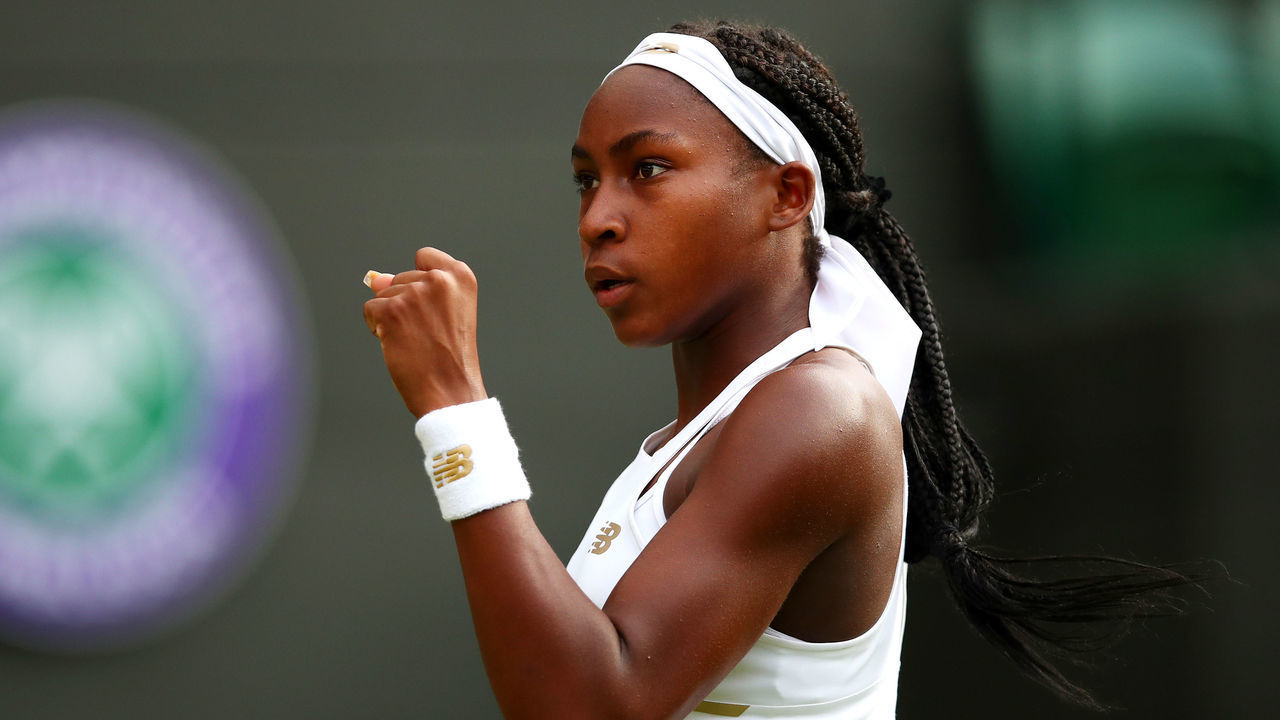 LONDON, ENGLAND - JULY 01: Cori Gauff of the United States celebrates a point in her Ladies' Singles first round match against Venus Williams of The United States during Day one of The Championships - Wimbledon 2019 at All England Lawn Tennis and Croquet Club on July 01, 2019 in London, England.