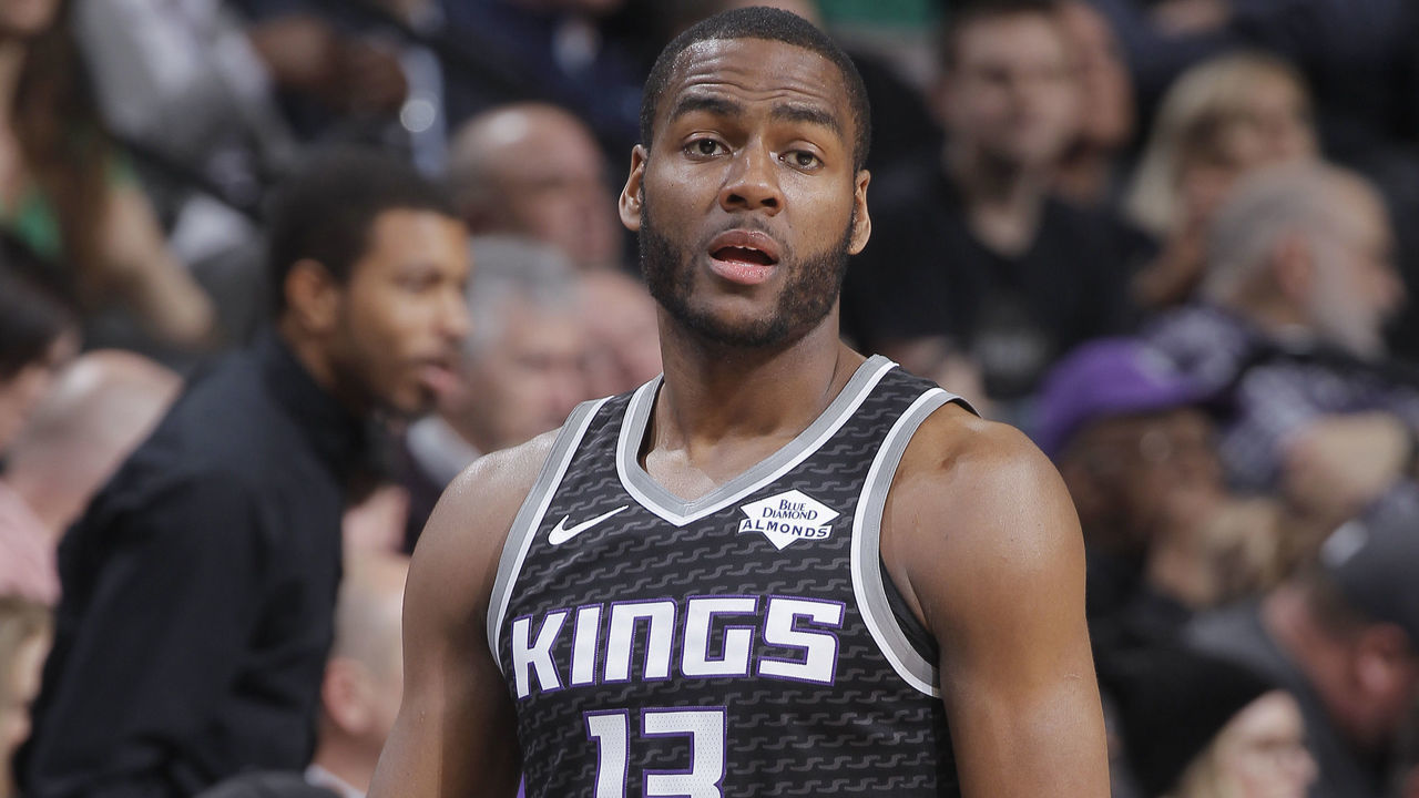 SACRAMENTO, CA - MARCH 6: Alec Burks #13 of the Sacramento Kings looks on during the game against the Boston Celtics on March 6, 2019 at Golden 1 Center in Sacramento, California. NOTE TO USER: User expressly acknowledges and agrees that, by downloading and or using this photograph, User is consenting to the terms and conditions of the Getty Images Agreement. Mandatory Copyright Notice: Copyright 2019 NBAE