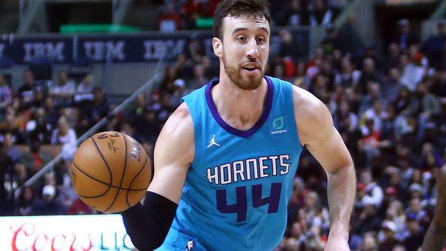 TORONTO, ON - MARCH 24: Frank Kaminsky III #44 of the Charlotte Hornets passes the ball during the first half of an NBA game against the Toronto Raptors at Scotiabank Arena on March 24, 2019 in Toronto, Canada.