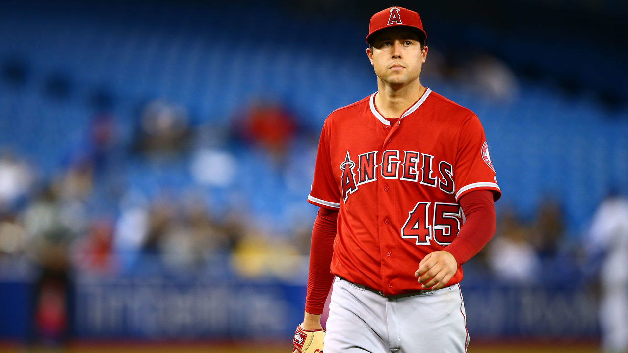 TORONTO, ON - JUNE 18: Tyler Skaggs #45 of the Los Angeles Angels of Anaheim leaves the field during a pitching change in the eighth inning during a MLB game against the Toronto Blue Jays at Rogers Centre on June 18, 2019 in Toronto, Canada.