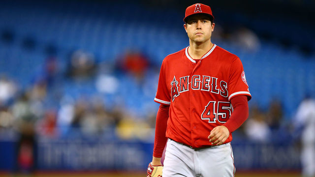 TORONTO, ON - JUNE 18: Tyler Skaggs #45 of the Los Angeles Angels of Anaheim leaves the field during a pitching change in the eighth inning during a MLB game against the Toronto Blue Jays at Rogers Centre on June 18, 2019 in Toronto, Canada.