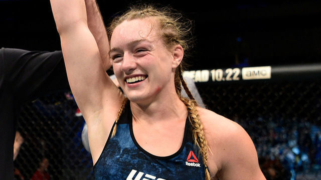 GDANSK, POLAND - OCTOBER 21: Aspen Ladd celebrates after her TKO victory over Lina Lansberg in their women's bantamweight bout during the UFC Fight Night event inside Ergo Arena on October 21, 2017 in Gdansk, Poland.