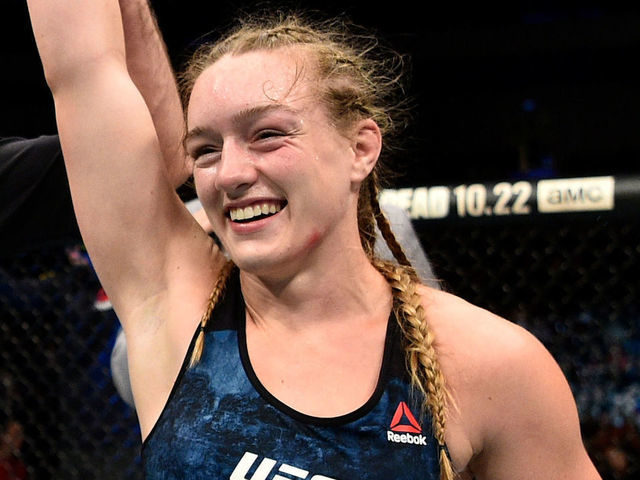 GDANSK, POLAND - OCTOBER 21: Aspen Ladd celebrates after her TKO victory over Lina Lansberg in their women's bantamweight bout during the UFC Fight Night event inside Ergo Arena on October 21, 2017 in Gdansk, Poland.