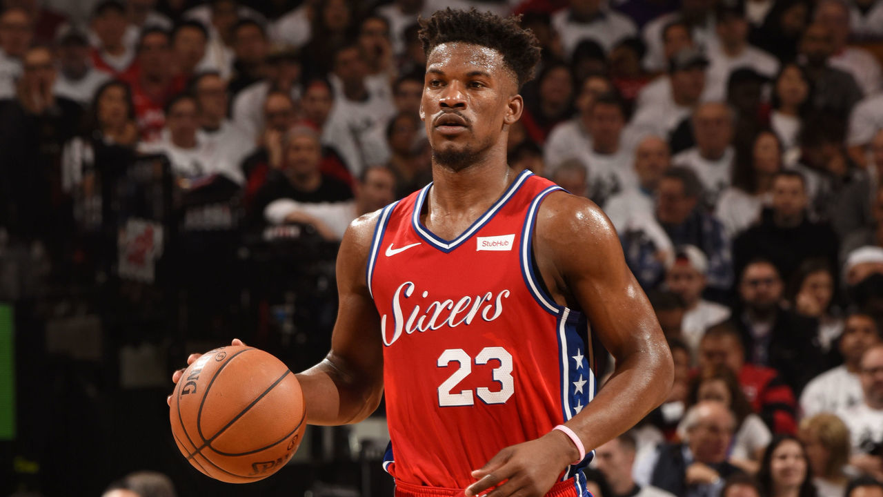 TORONTO, CANADA - MAY 12: Jimmy Butler #23 of the Philadelphia 76ers brings the ball up the court against the Toronto Raptors during Game Seven of the Eastern Conference Semi-Finals of the 2019 NBA Playoffs on May 12, 2019 at the Scotiabank Arena in Toronto, Ontario, Canada. Mandatory Copyright Notice: Copyright 2019 NBAE