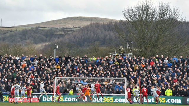 General view of the action during the FA Cup fourth round match at the Wham Stadium, Accrington.