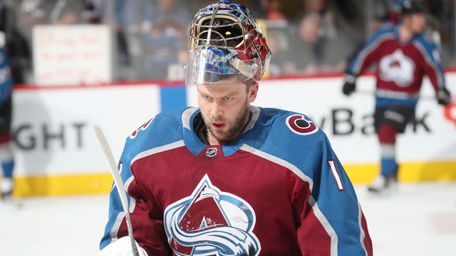 DENVER, CO - APRIL 2: Goaltender Semyon Varlamov #1 of the Colorado Avalanche skates prior to his start against the Edmonton Oilers at the Pepsi Center on April 2, 2019 in Denver, Colorado.