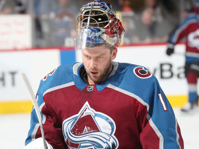DENVER, CO - APRIL 2: Goaltender Semyon Varlamov #1 of the Colorado Avalanche skates prior to his start against the Edmonton Oilers at the Pepsi Center on April 2, 2019 in Denver, Colorado.