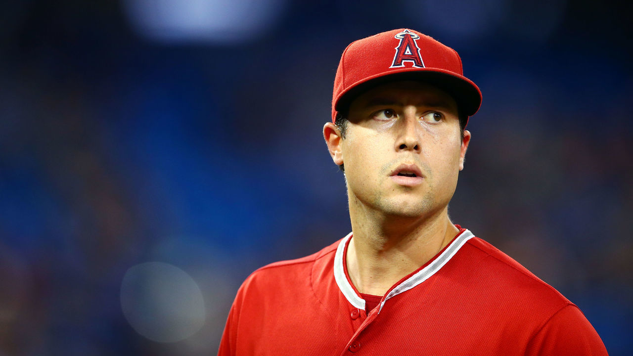 TORONTO, ON - JUNE 18: Tyler Skaggs #45 of the Los Angeles Angels of Anaheim leaves the field during a pitching change in the eighth inning during a MLB game against the Toronto Blue Jays at Rogers Centre on June 18, 2019 in Toronto, Canada.