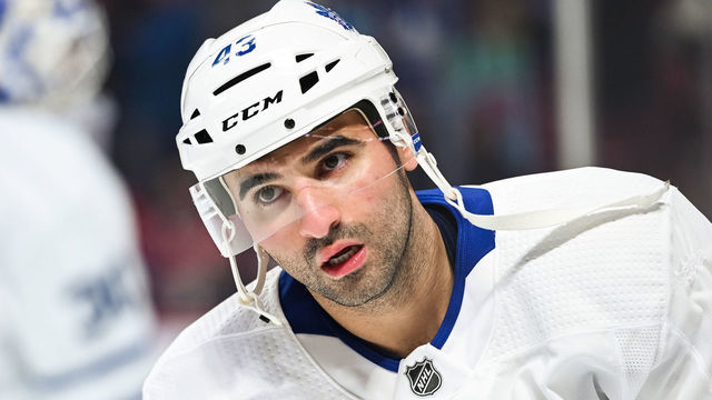 MONTREAL, QC - APRIL 06: Look on Toronto Maple Leafs center Nazem Kadri (43) at warm-up before the Toronto Maple Leafs versus the Montreal Canadiens game on April 06, 2019, at Bell Centre in Montreal, QC