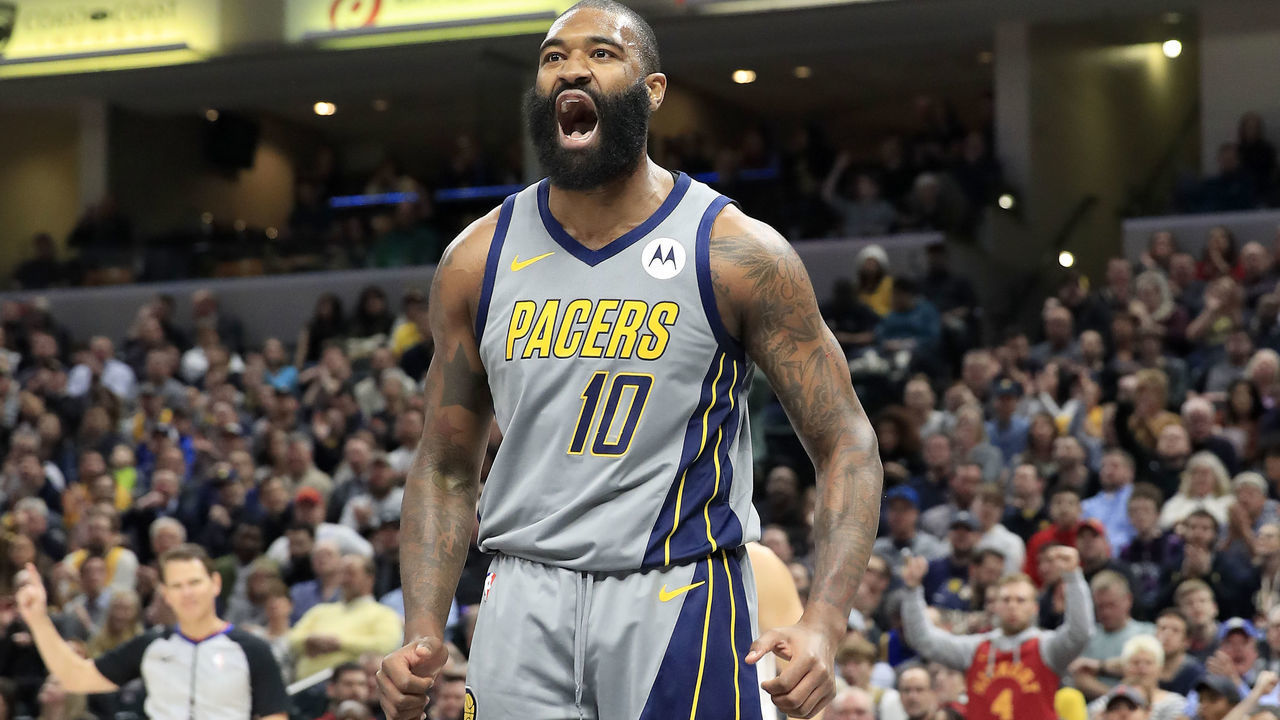 INDIANAPOLIS, INDIANA - FEBRUARY 28: Kyle O'Quinn #10 of the Indiana Pacers celebrates in the 122-115 win against the Minnesota Timberwolves at Bankers Life Fieldhouse on February 28, 2019 in Indianapolis, Indiana.