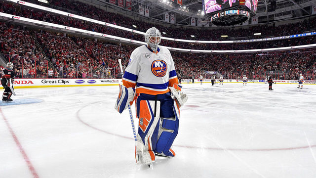 RALEIGH, NORTH CAROLINA - MAY 03: Robin Lehner #40 of the New York Islanders leaves the ice after being pulled from the game in the second period of Game Four of the Eastern Conference Second Round against the Carolina Hurricanes during the 2019 NHL Stanley Cup Playoffs at PNC Arena on May 03, 2019 in Raleigh, North Carolina.