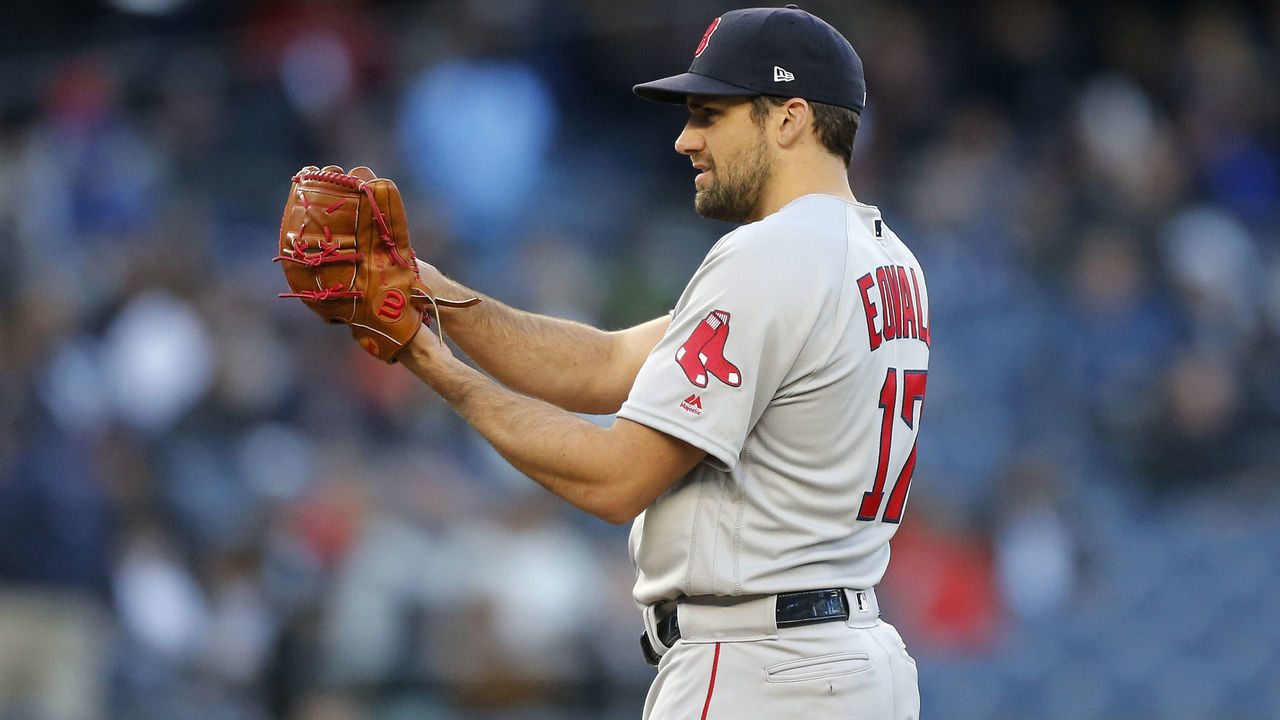 NEW YORK, NEW YORK - APRIL 17: (NEW YORK DAILIES OUT) Nathan Eovaldi #17 of the Boston Red Sox in action against the New York Yankees at Yankee Stadium on April 17, 2019 in the Bronx borough of New York City. The Yankees defeated the Red Sox 5-3.