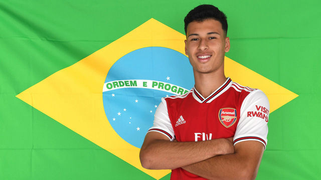 ST ALBANS, ENGLAND - JULY 02: Arsenal's latest signing Gabriel Martinelli at London Colney on July 02, 2019 in St Albans, England.