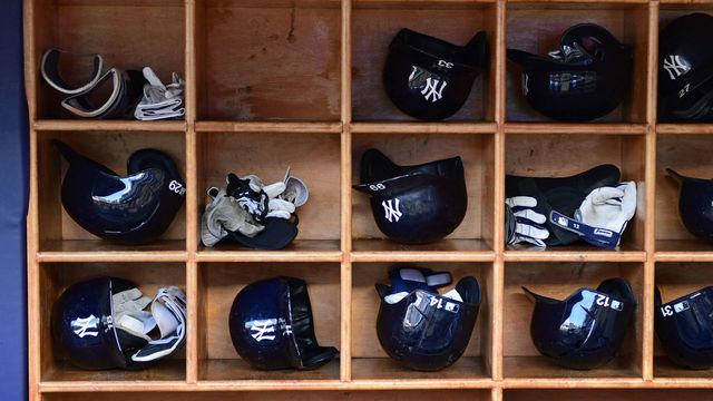 NEW YORK, NY - SEPTEMBER 01: New York Yankees helmets are shown before the start of the game against the Boston Red Sox at Yankee Stadium on September 1, 2017 in New York City. The Red Sox won 4-1.