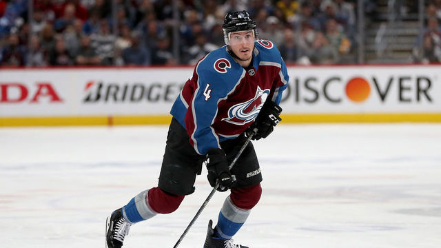DENVER, COLORADO - MAY 02: Tyson Barrie #4 of the Colorado Avalanche advances the puck against the San Jose Sharks in the second period during Game Four of the Western Conference Second Round during the 2019 NHL Stanley Cup Playoffs at the Pepsi Center on May 2, 2019 in Denver, Colorado.