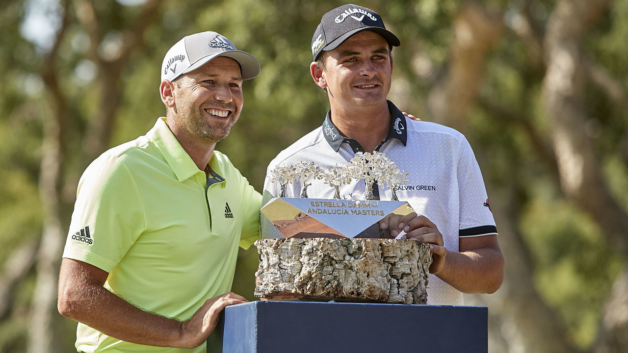 CADIZ, SPAIN - JUNE 30: Christiaan Bezuidenhout of South Africa poses with the trophy and Sergio Garcia during Day 4 of the Andalucia Valderrama Masters at Real Club Valderrama on June 30, 2019 in Cadiz, Spain.