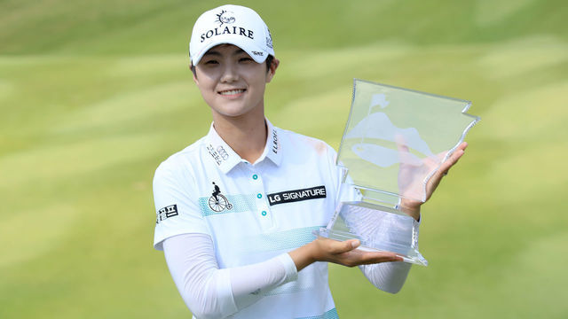 ROGERS, ARKANSAS - JUNE 30: Sung Hyun Park of South Korea poses with the trophy after winning the Walmart NW Arkansas Championship Presented by P&G at Pinnacle Country Club on June 30, 2019 in Rogers, Arkansas.