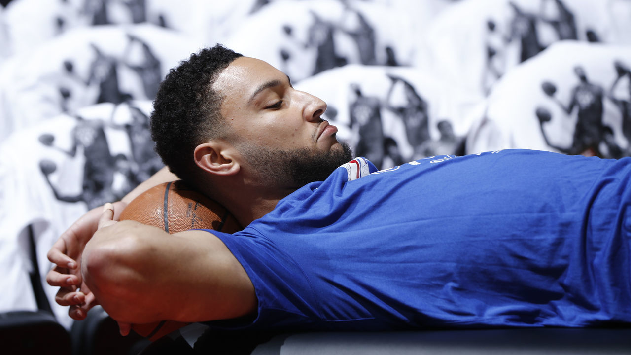 TORONTO, CANADA - MAY 12: Ben Simmons #25 of the Philadelphia 76ers stretches before the game against the Toronto Raptors during Game Seven of the Eastern Conference Semifinals of the 2019 NBA Playoffs on May 12, 2019 at the Scotiabank Arena in Toronto, Ontario, Canada. Mandatory Copyright Notice: Copyright 2019 NBAE